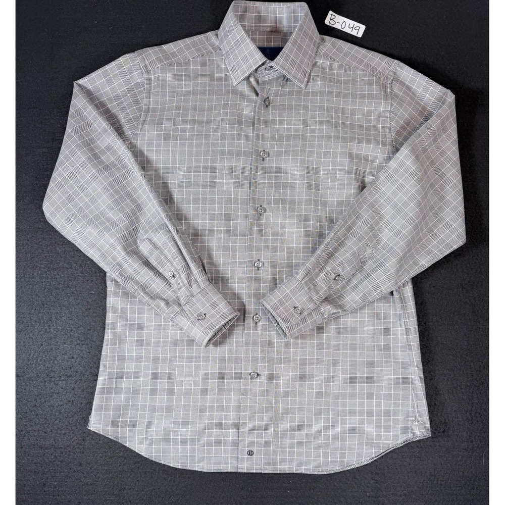 David Donahue Mens Trim Fit Glen Plaid Dress Shirt Grey White 15.5 32/33